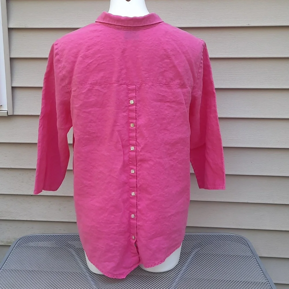 Habitat Pink 100%Linen Button Down Shirt 3/4 Sleeve Size Large